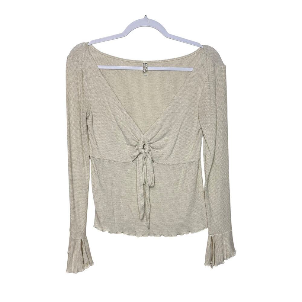Free People Intimately Waffle Knit Bell Sleeve Blouse Women‎ M Cream Tie Front